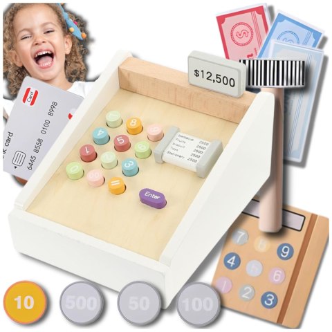 Drewniana Kasa Fiskalna Sklepowa Dla Dzieci z Pieniędzmi Kartą Czytnikiem Zabawka Edukacyjna Drewniana Kasa Fiskalna Sklepowa Dla Dzieci z Pieniędzmi Kartą Czytnikiem Zabawka Edukacyjna