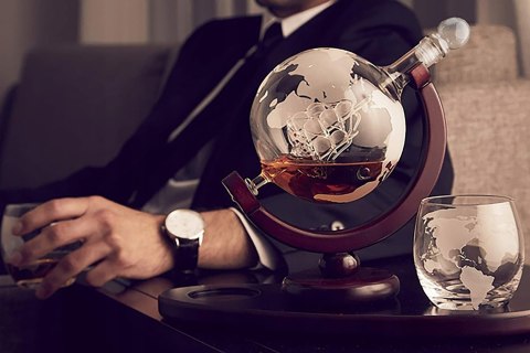 GRAWEROWANA KARAFKA DO WHISKY DOZOWNIK GLOBUS + 2 SZKLANKI