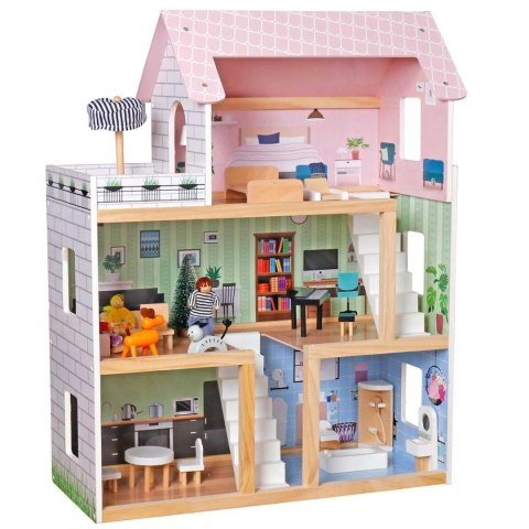 DOMEK DLA LALEK DREWNIANY LED 62x27x77CM + 3 LALKI + 2 ZWIERZĄTKA