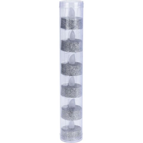 ZESTAW 6 ŚWIECZEK LAMPEK TEA LIGHT LED SREBRNY BROKAT