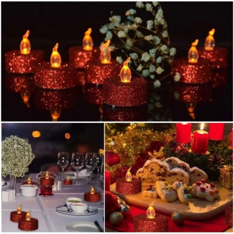 ZESTAW 6 ŚWIECZEK TEA LIGHT LED CZERWONY BROKAT