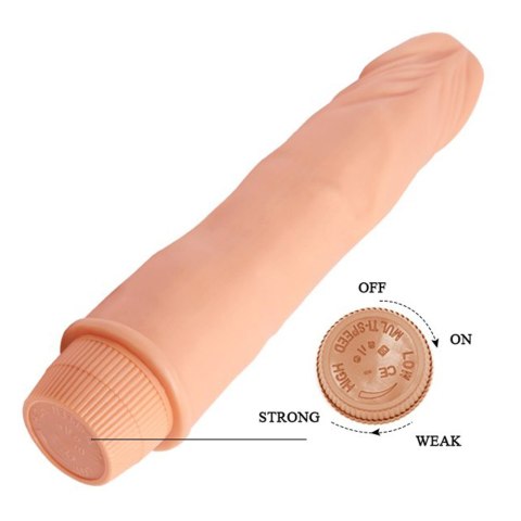 Dildo, penis z wibracjami dla kobiet 21 cm. Zasilany bateriami. Cielisty