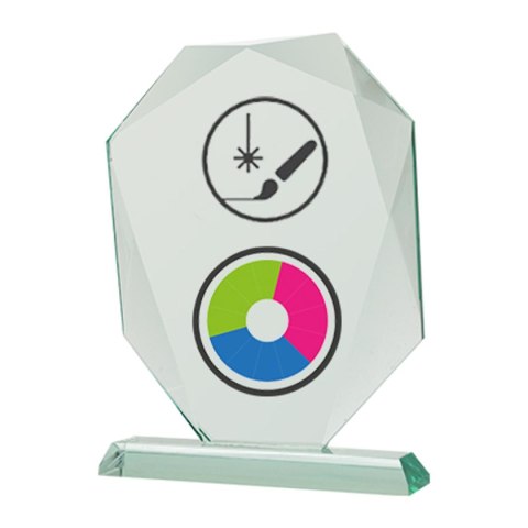 Trofeum szklane z nadrukiem kolorowym LuxorJet, grawerowaniem oraz wypełnieniem farbą i etui Trofeum szklane z nadrukiem kolorowym LuxorJet, grawerowaniem oraz wypełnieniem farbą i etui