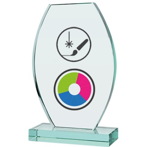 Trofeum szklane z nadrukiem kolorowym LuxorJet, grawerowaniem oraz wypełnieniem farbą i etui Trofeum szklane z nadrukiem kolorowym LuxorJet, grawerowaniem oraz wypełnieniem farbą i etui